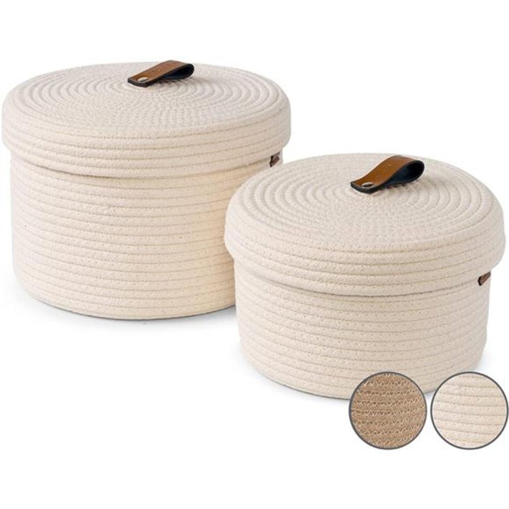 Set of 2 Decorative Baskets with Lids for Organizing - Natural Cotton Rope
